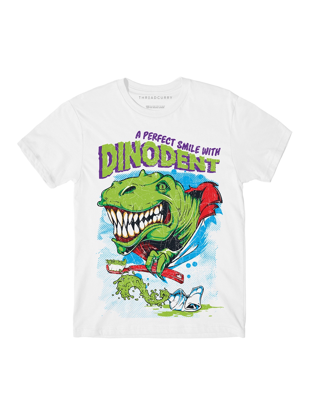 

THREADCURRY Boys White Dinodent Printed Round Neck T-shirt