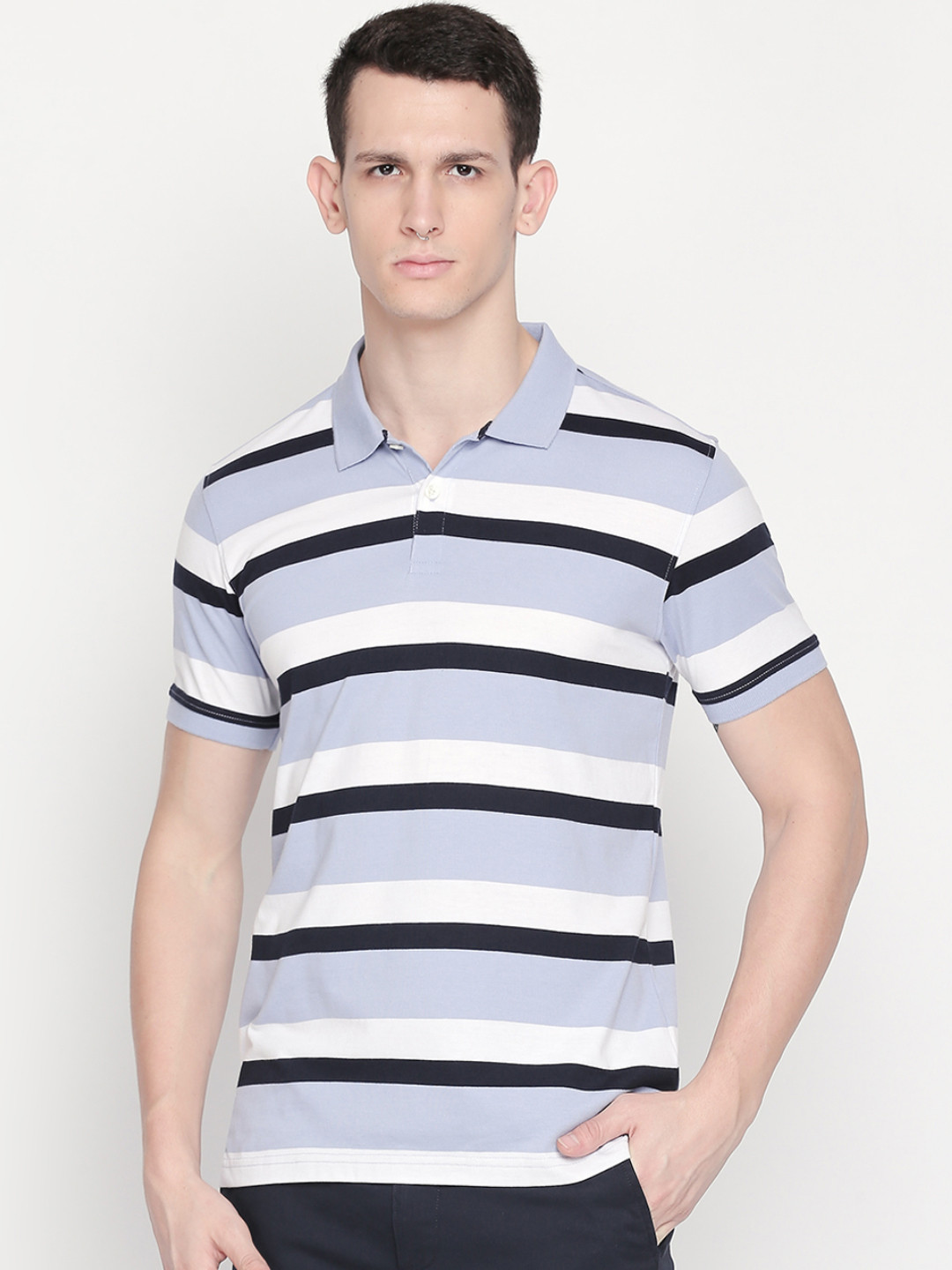 

BYFORD by Pantaloons Men Blue Striped Polo Collar T-shirt