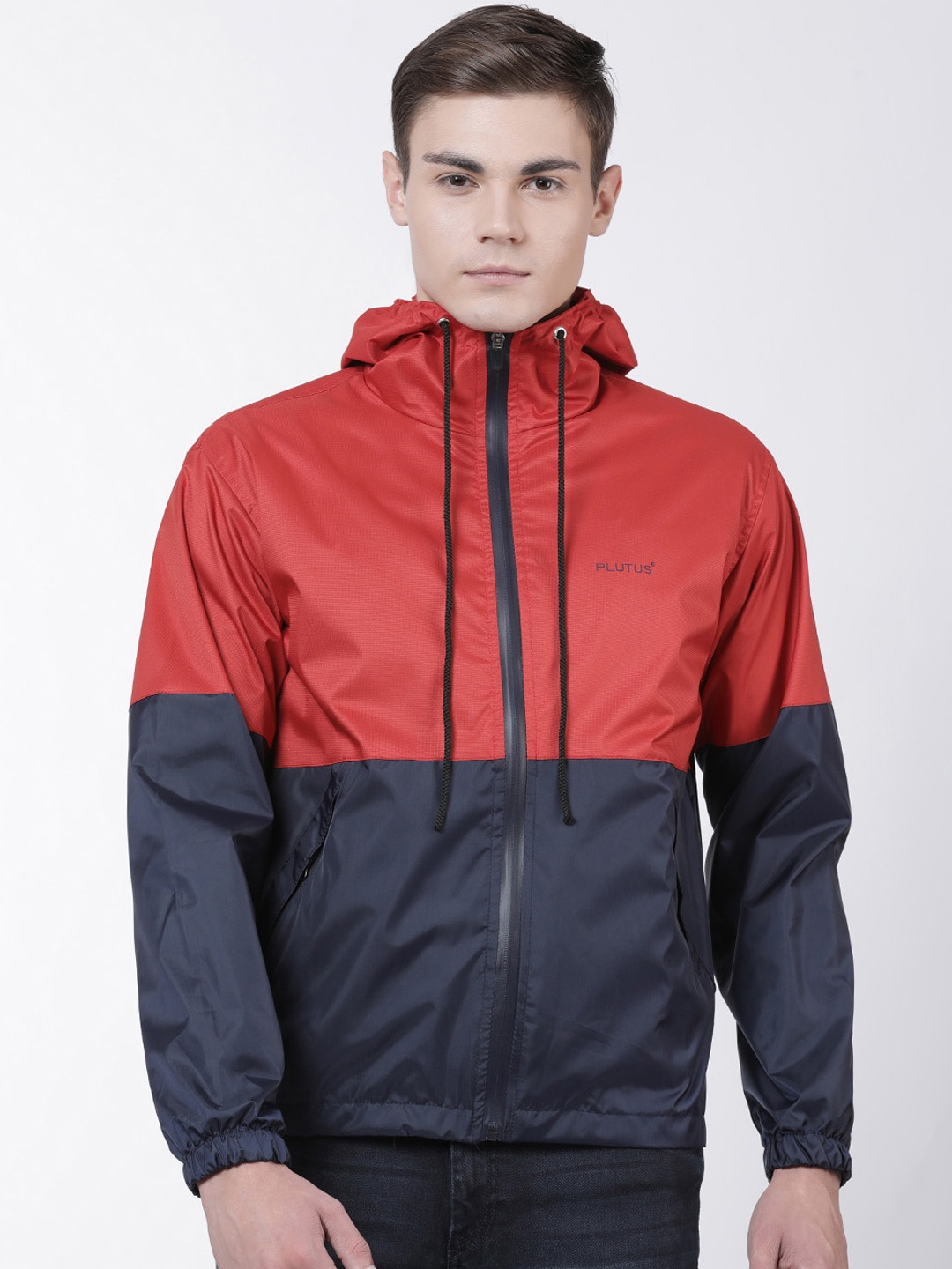 

Plutus Men Red & Navy Blue Colourblocked Windcheater Puffer Jacket