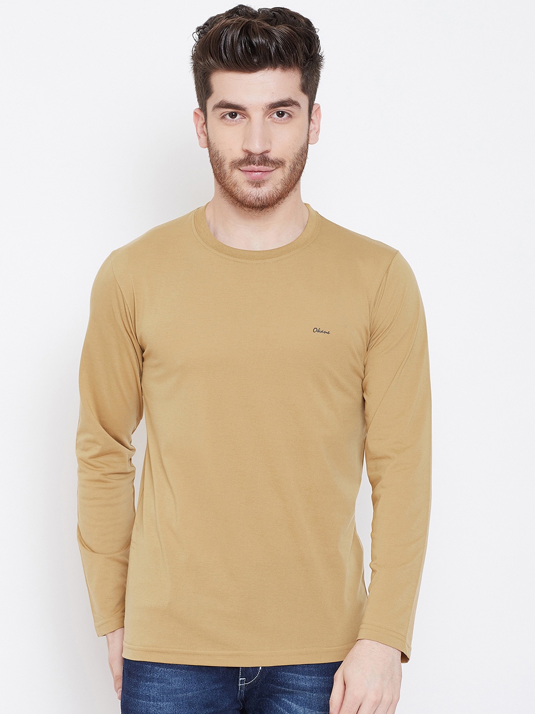 

Okane Men Khaki Solid Round Neck T-shirt