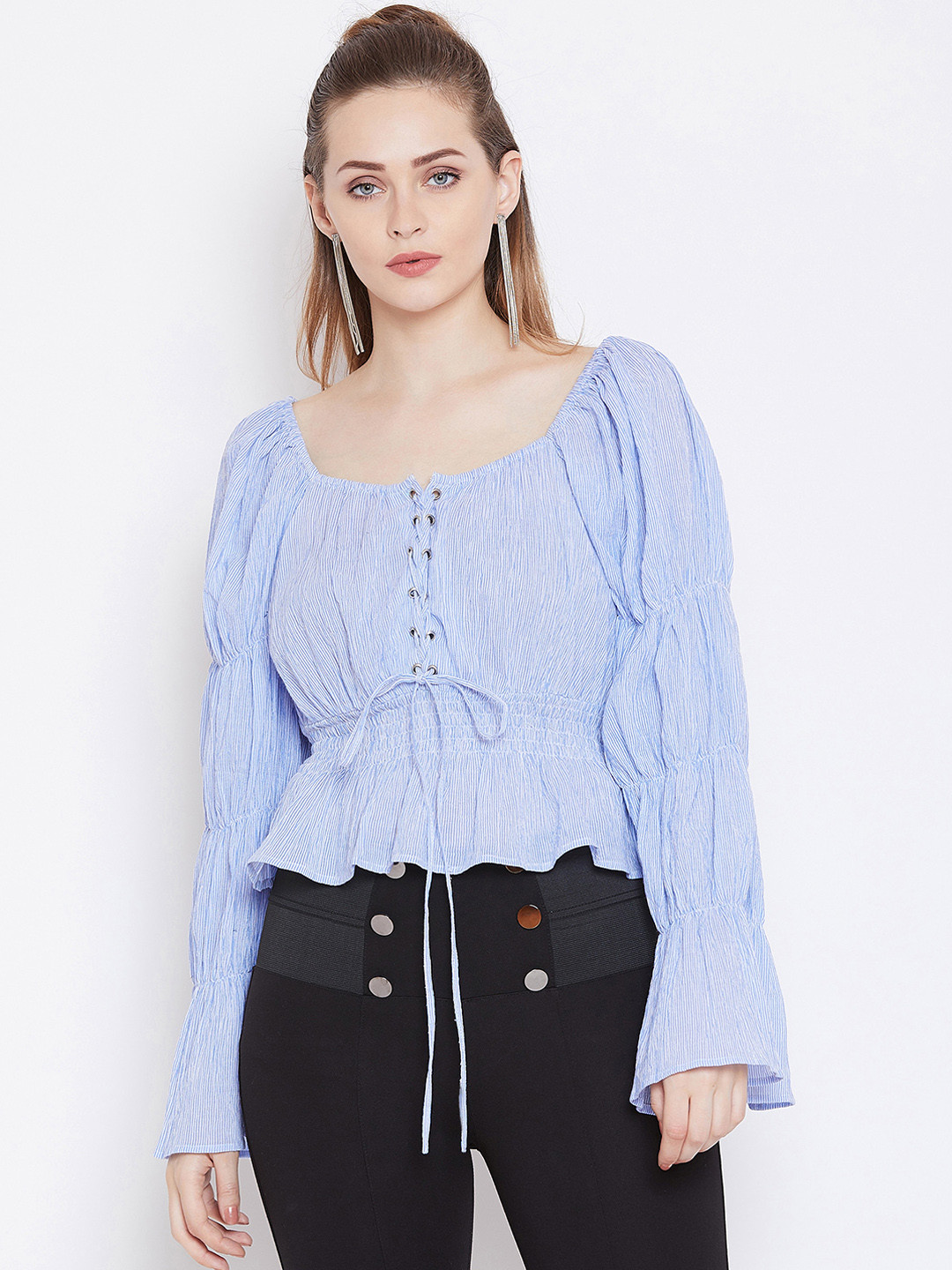 

Zastraa Women Blue Striped Cinched Waist Pure Cotton Top