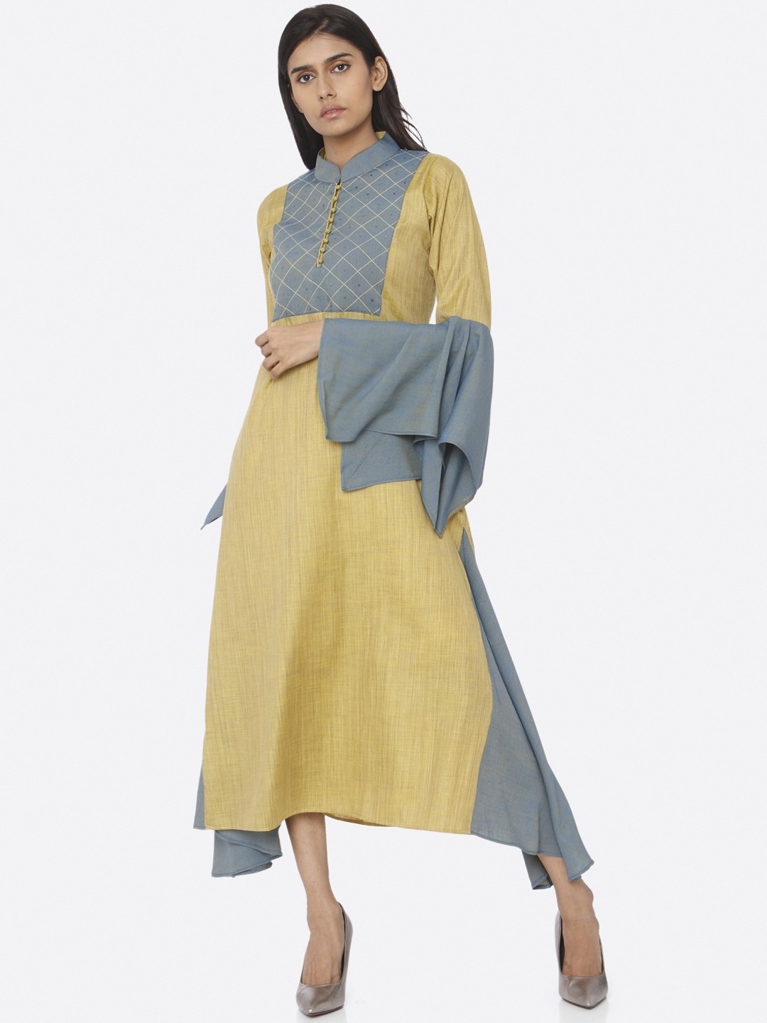 

RAISIN Women Mustard Yellow Colourblocked A-Line Dress