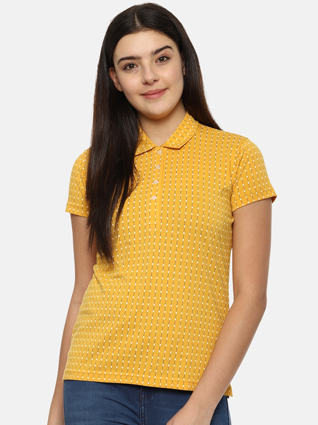 Allen Solly Women Yellow Striped Polo Collar T-shirt