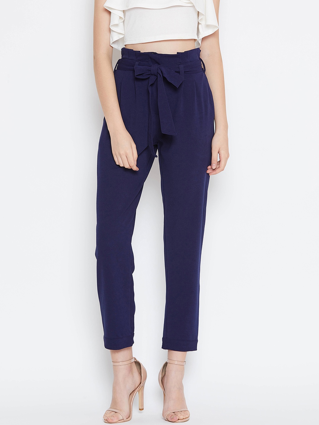 

Zastraa Women Navy Blue Slim Fit Solid Peg Trousers