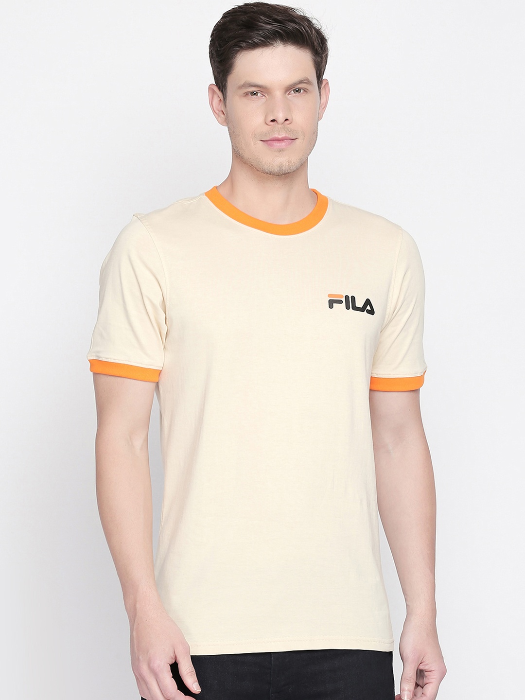 

FILA Men Cream-Coloured Solid Round Neck T-shirt