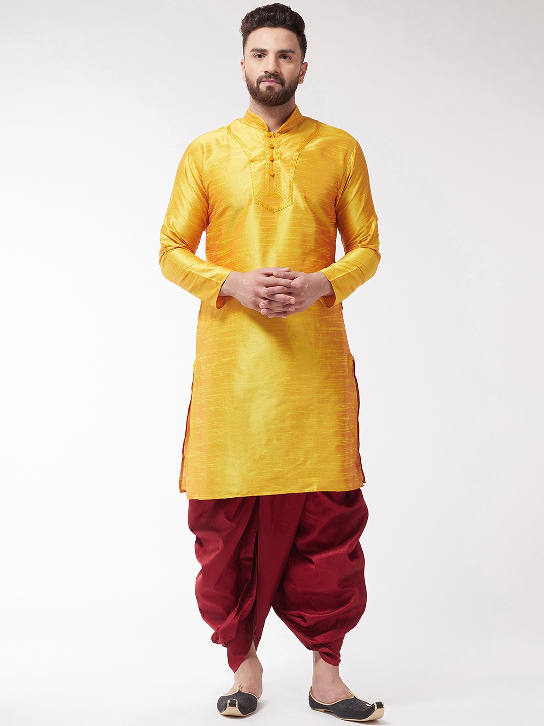 

SOJANYA Men Mustard Yellow & Maroon Solid Kurta with Dhoti Pants