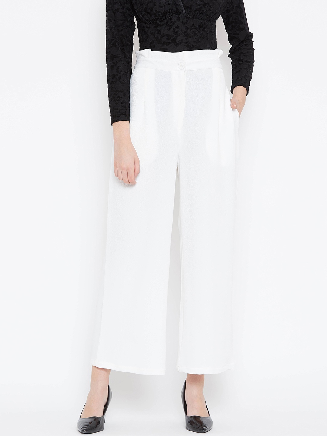 

Zastraa Women White Flared Solid Parallel Trousers