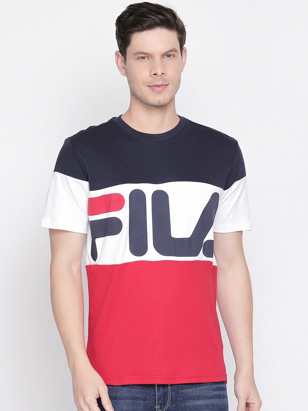 

FILA Men Navy Blue Colourblocked Round Neck VIALLI Pure Cotton T-shirt