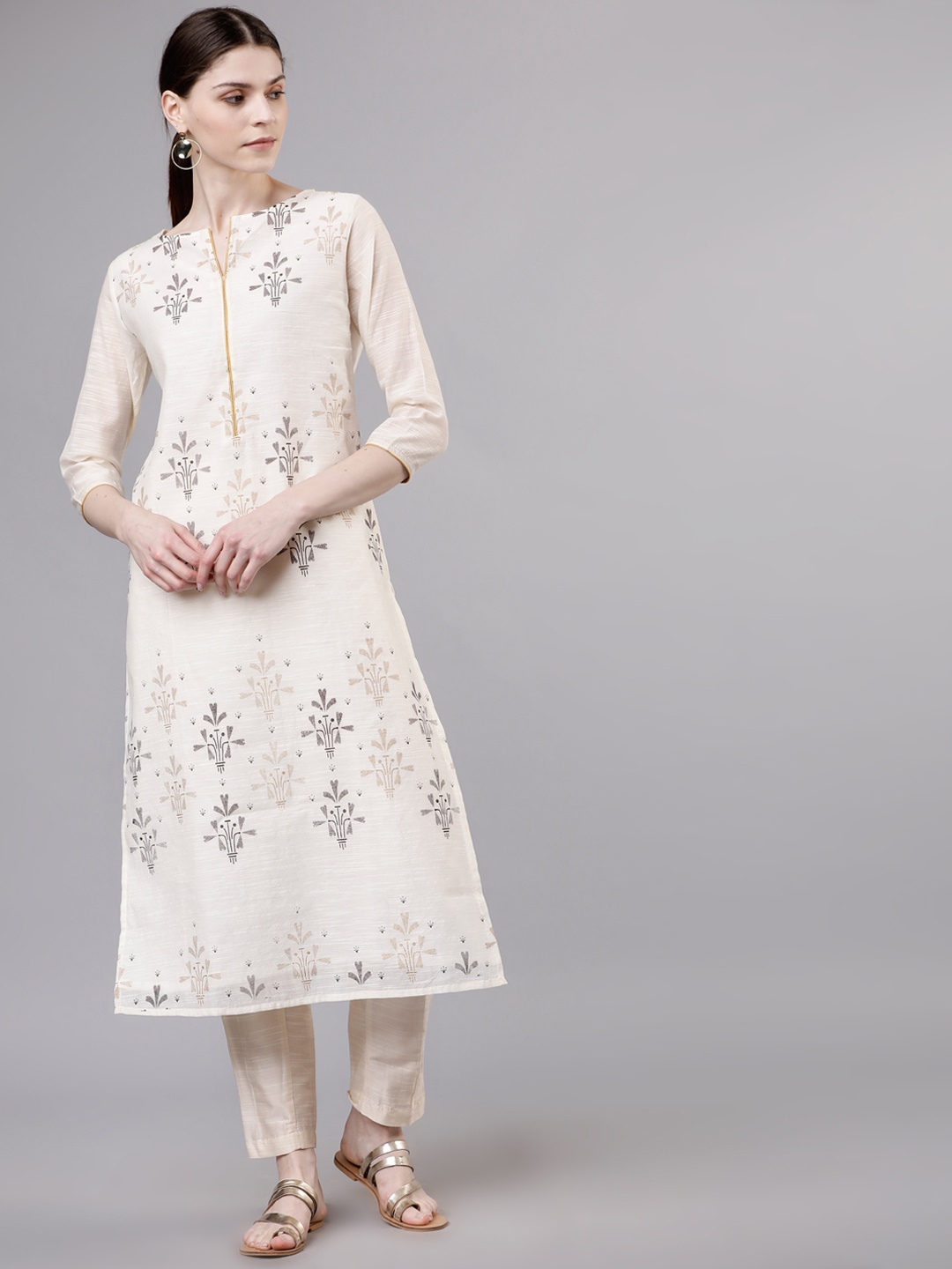 

Vishudh Women Cream-Coloured Printed Straight Kurta