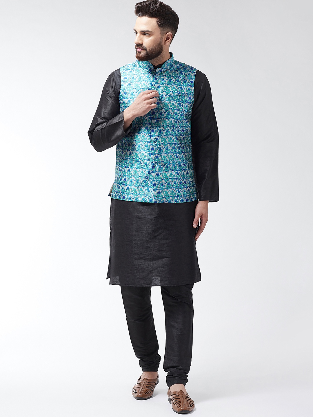 

SOJANYA Men Black & Blue Solid Kurta with Churidar & Nehru Jacket