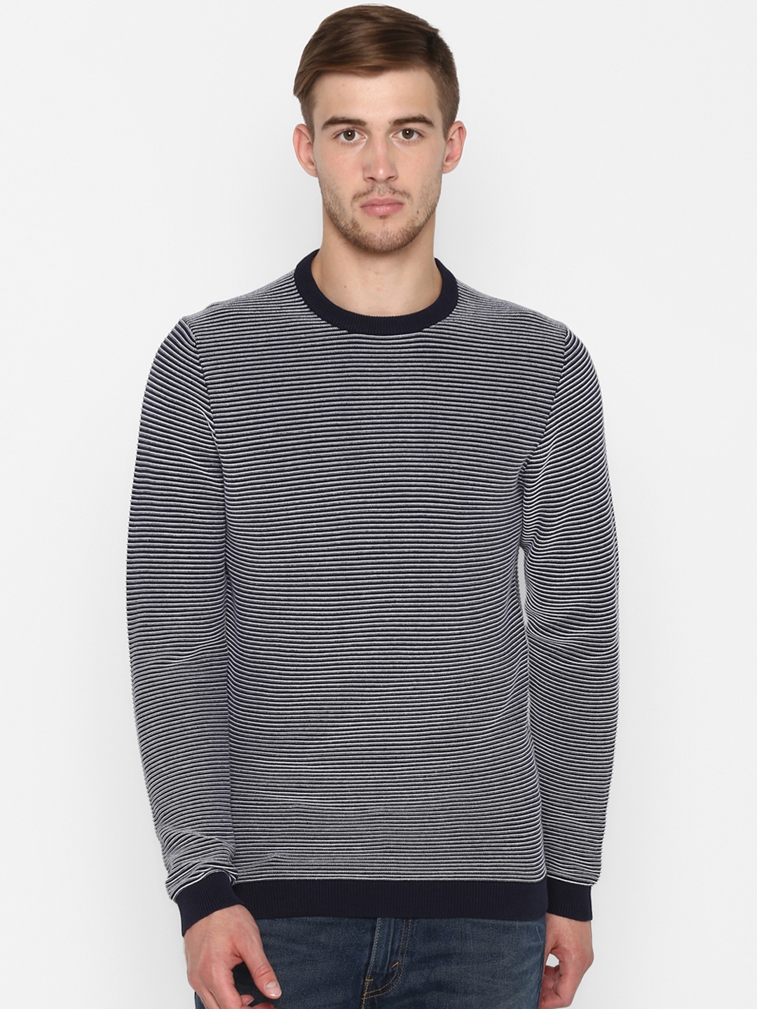 

Red Tape Men Navy Blue & White Striped Sweater