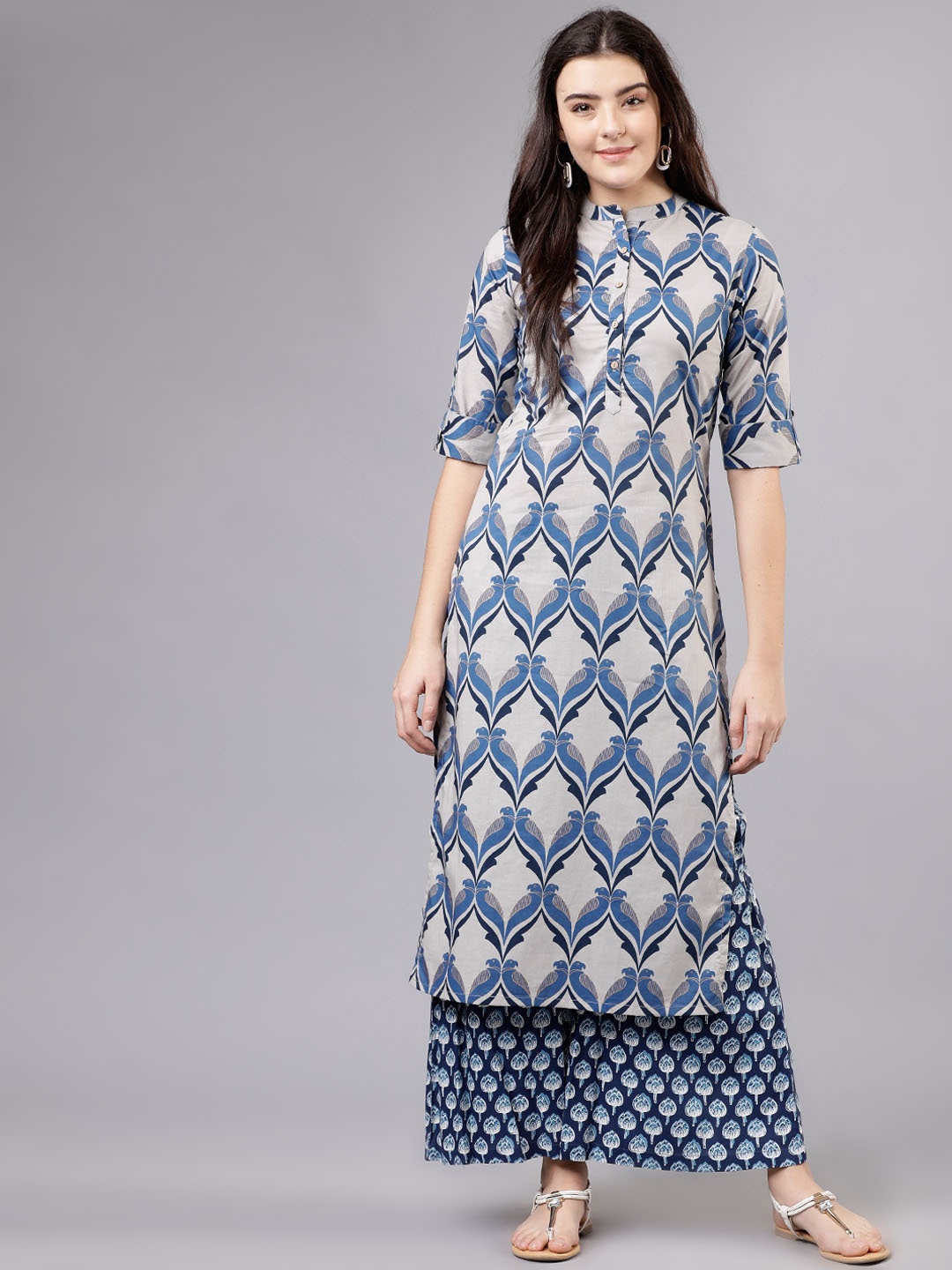 Vishudh Women Grey & Blue Printed Straight Kurta