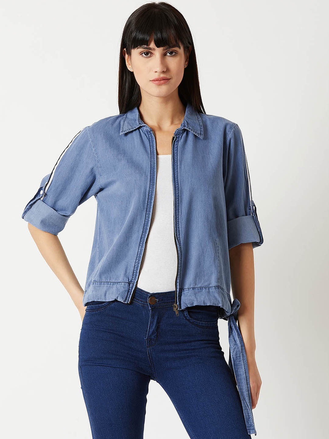 

Miss Chase Women Blue Striped Jacket