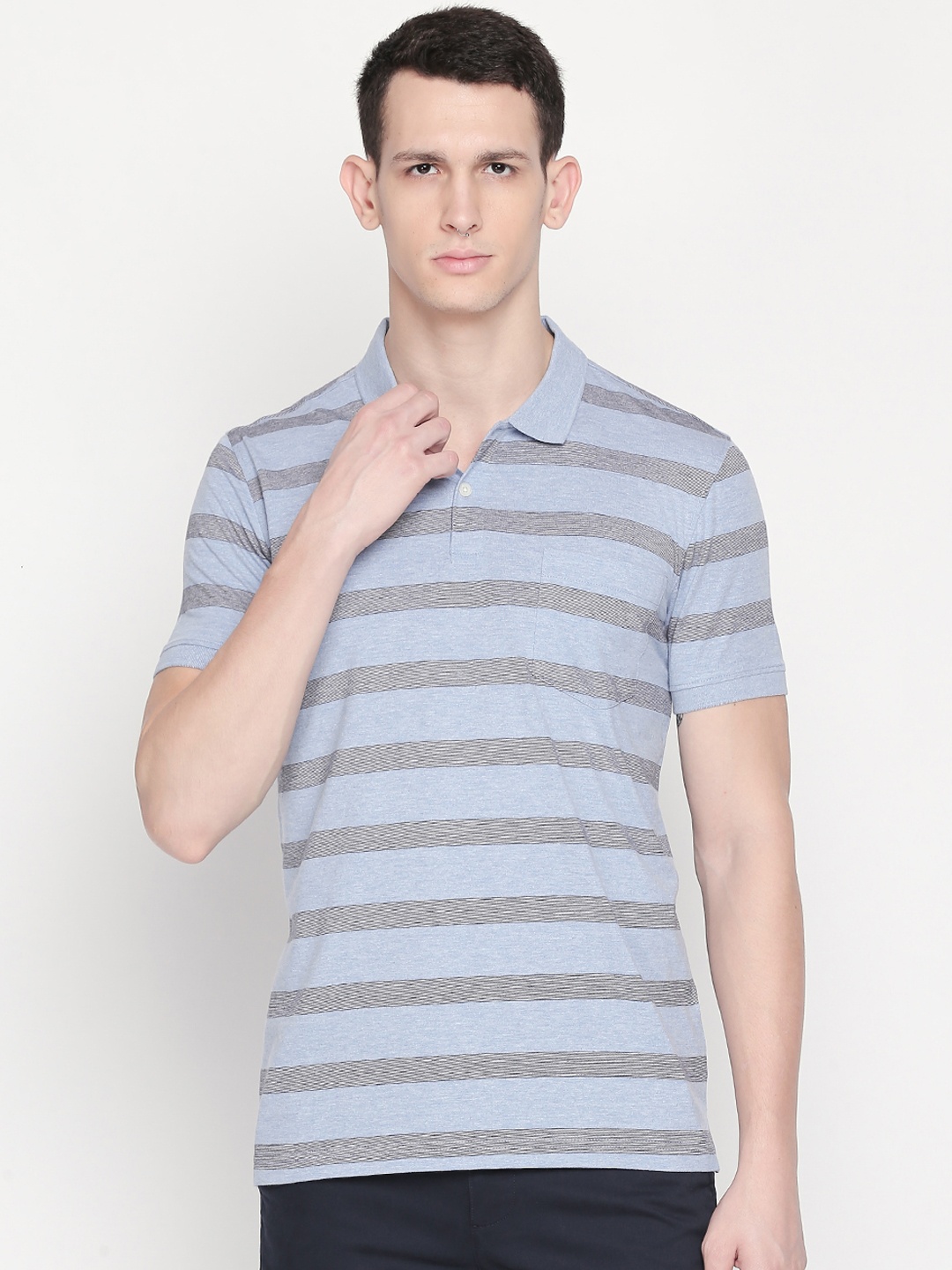 

BYFORD by Pantaloons Men Blue Striped Polo Collar T-shirt