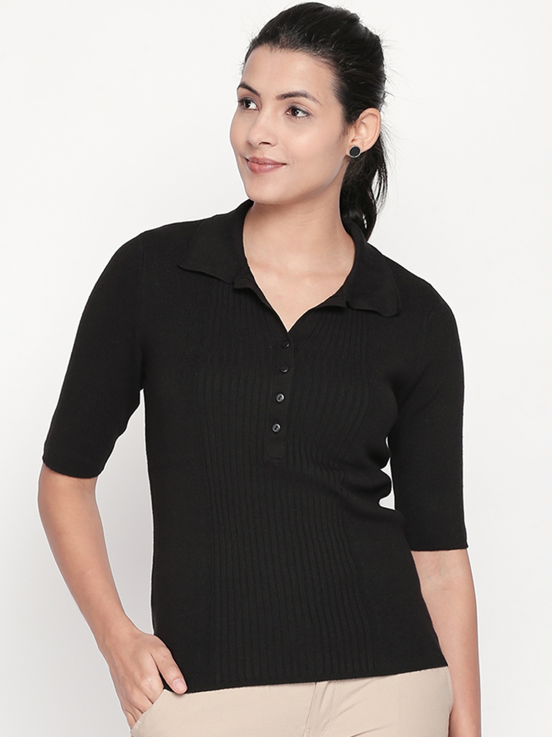 Annabelle by Pantaloons Women Black Self Design Sweater