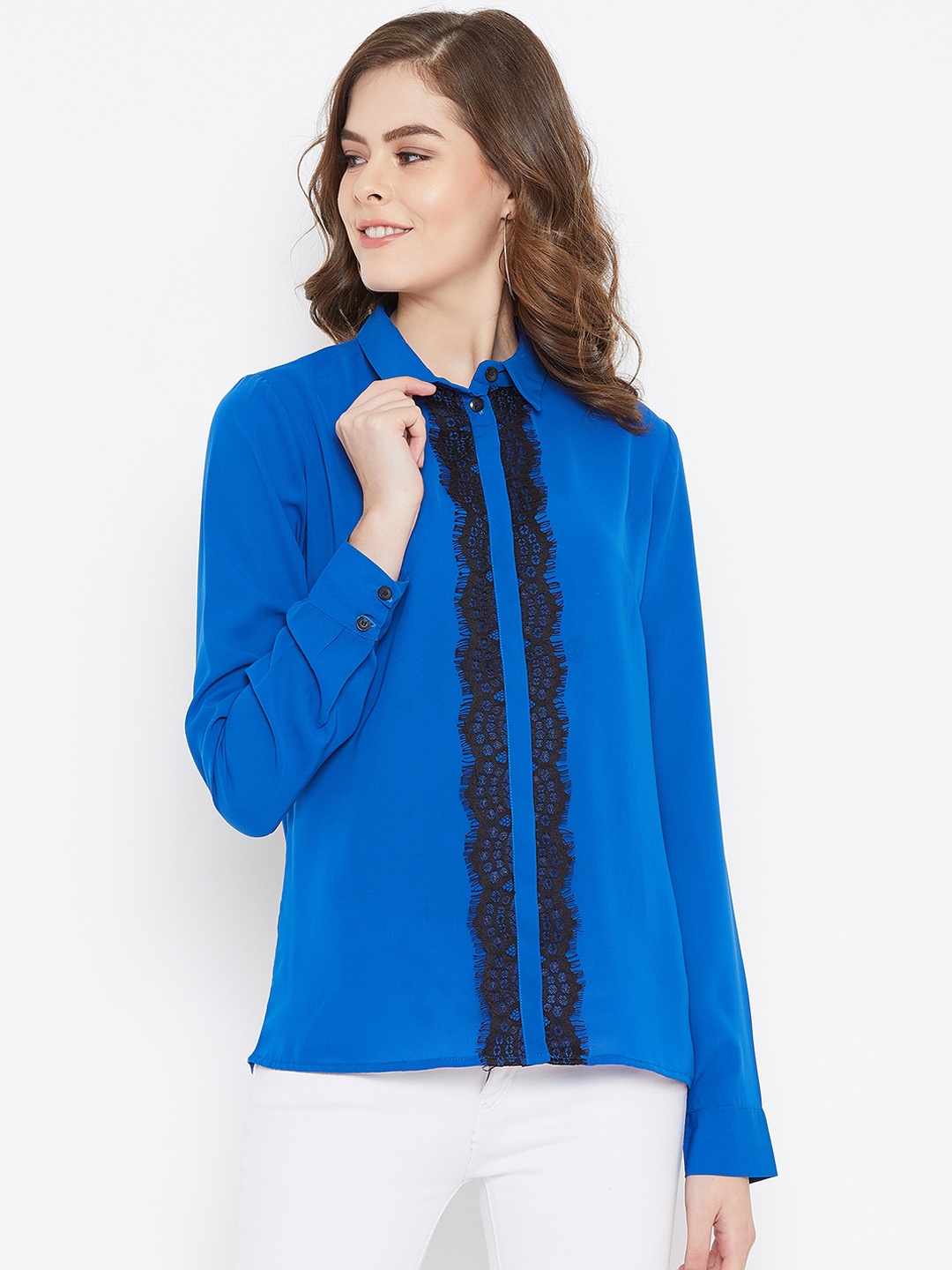 

Zastraa Women Blue Regular Fit Solid Lace Trim Formal Shirt