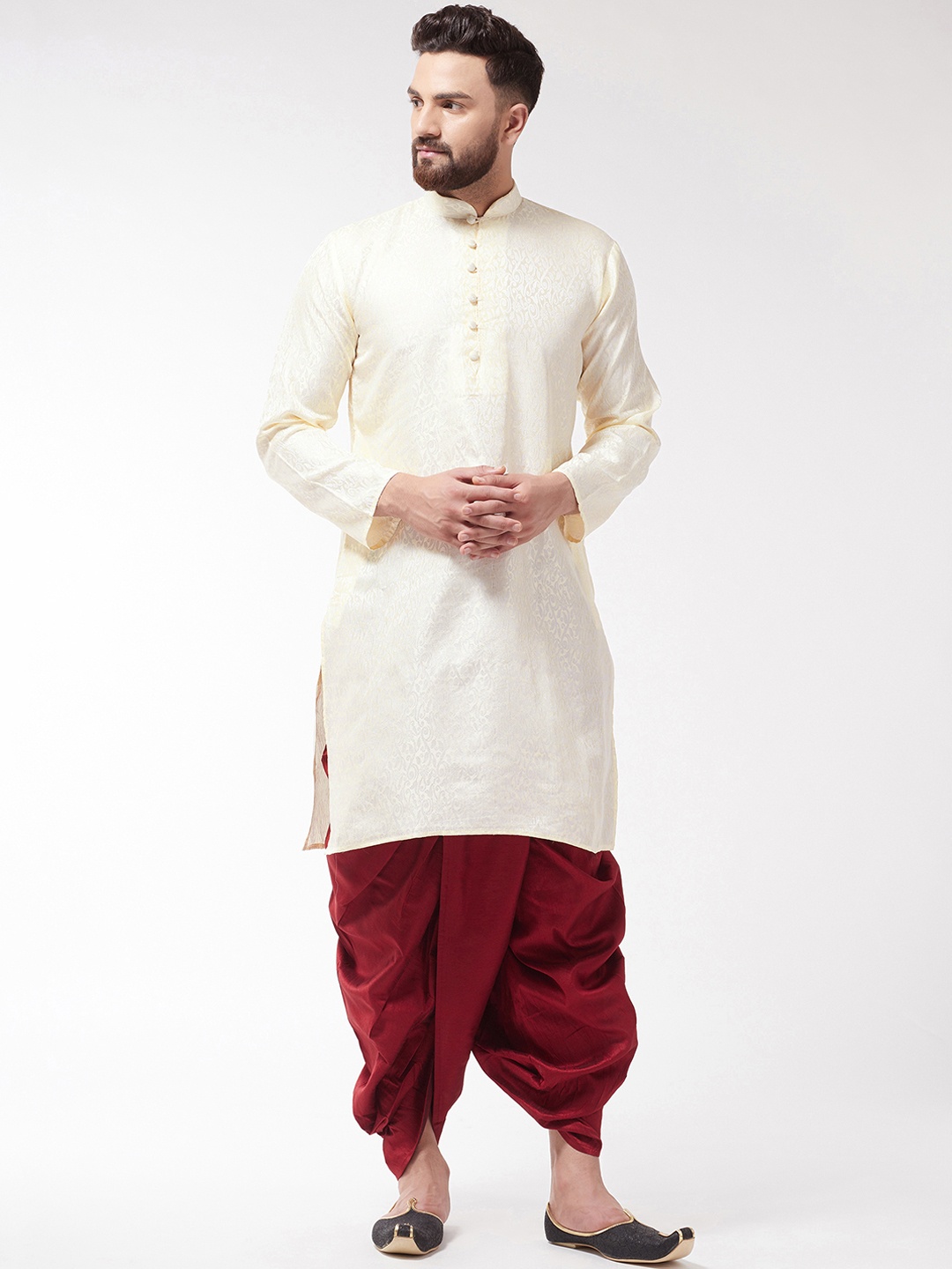 

SOJANYA Men Cream-Coloured & Maroon Self Design Kurta with Dhoti Pants