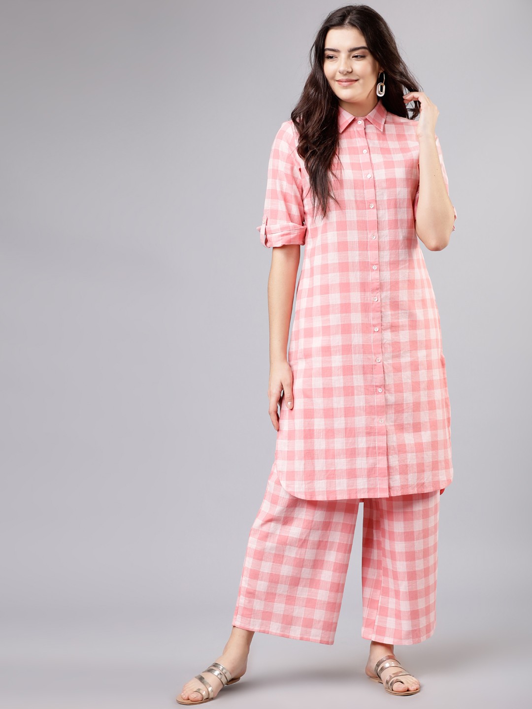 

Vishudh Women Pink Checked Straight Kurta