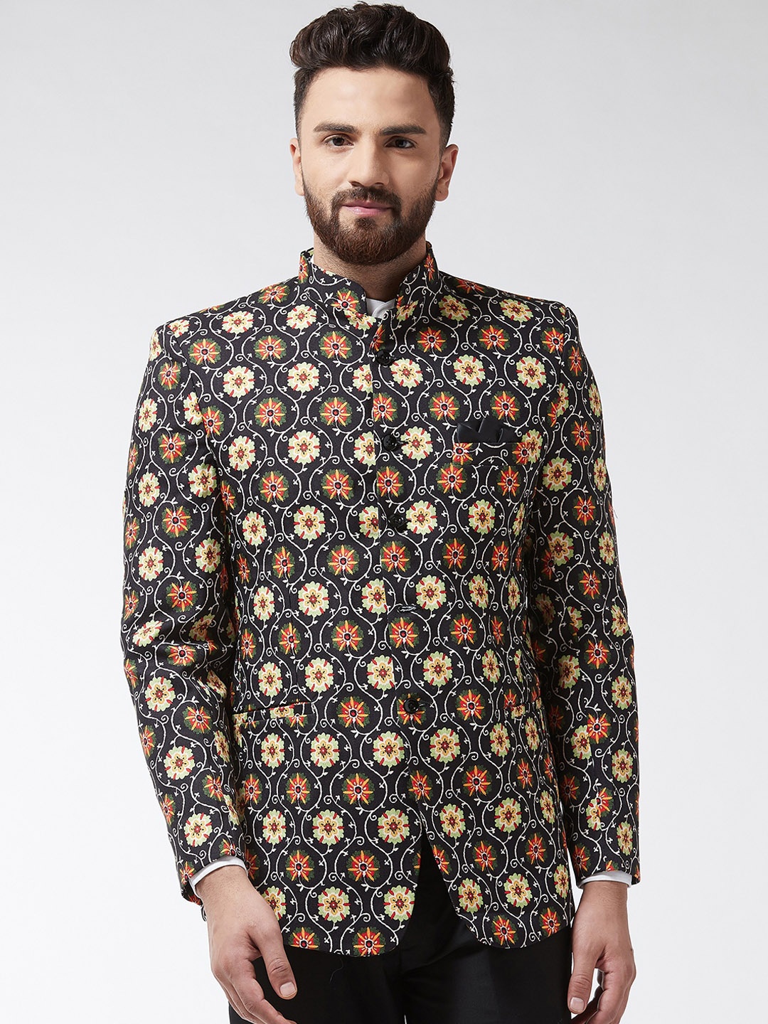 

SOJANYA Men Black & Yellow Printed Bandhgala Blazer