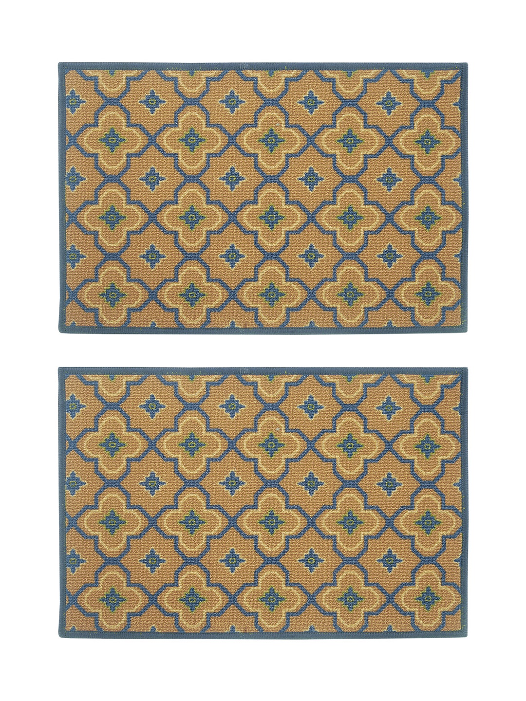 

BIANCA Set of 2 Beige & Blue Patterned Anti-Skid Doormats, Brown
