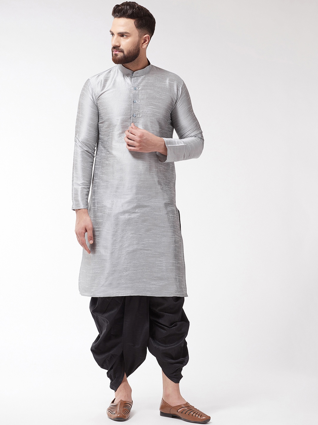 

SOJANYA Men Grey & Black Solid Kurta with Dhoti Pants