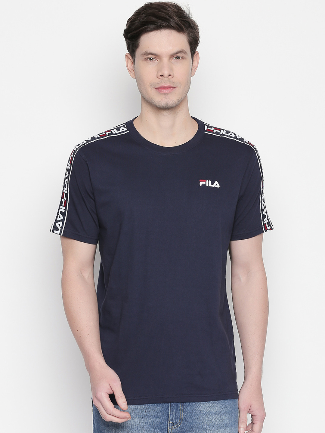 

FILA Men Navy Blue Printed Round Neck STURMAN Pure Cotton T-shirt