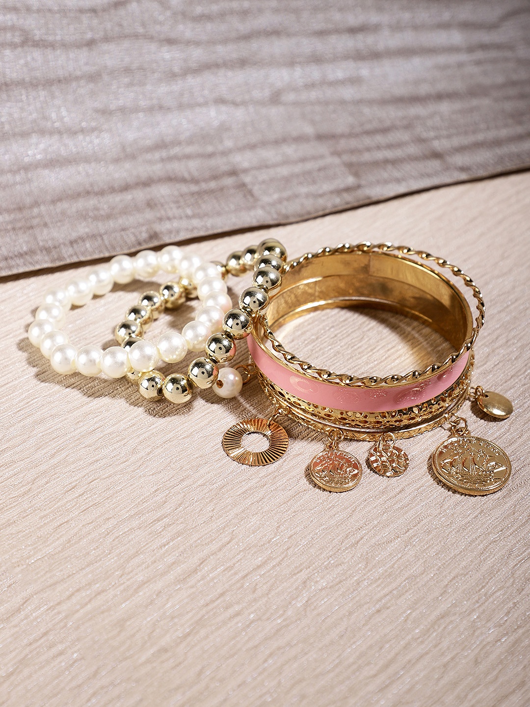 

Shining Diva Fashion Women Set of 6 Gold-Plated Pink Pearl Antique Bangles