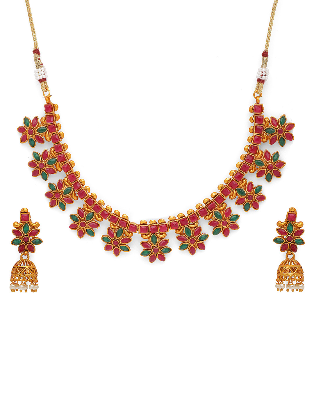 

Fabstreet Women Gold-Plated & Red Embellished Temple Jewellery Set