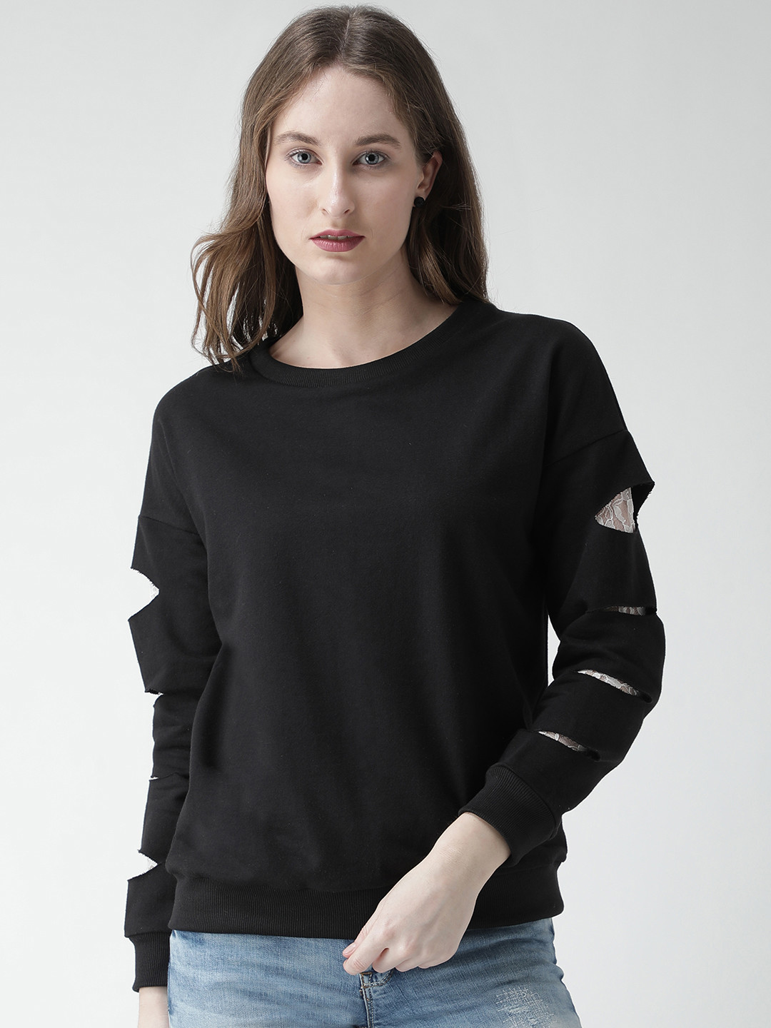 

KASSUALLY Women Black Solid Lace Insert Sweatshirt