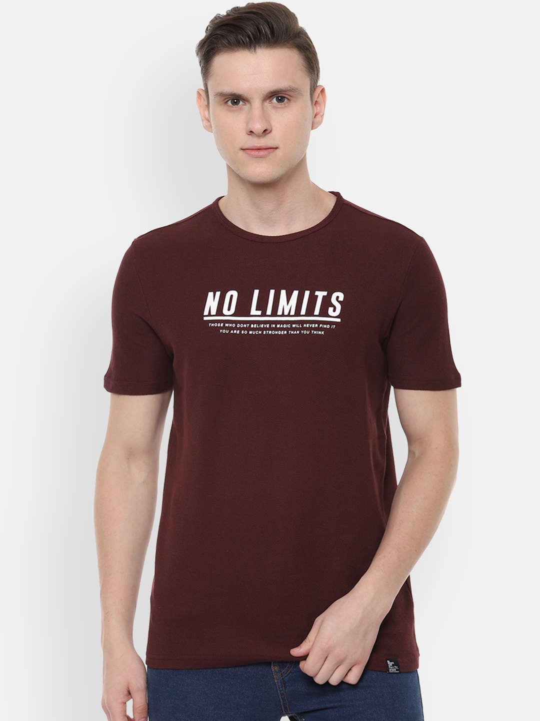 People Men Brown Printed Round Neck Pure Cotton T-shirt
