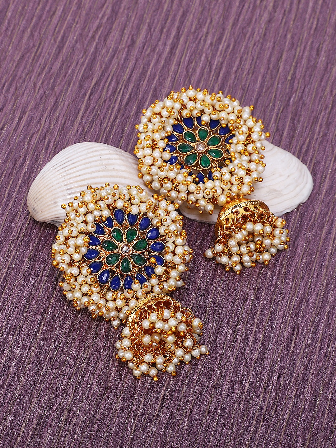 

Shining Diva Gold-Plated & White Pearl Studded Dome Shaped Jhumkas