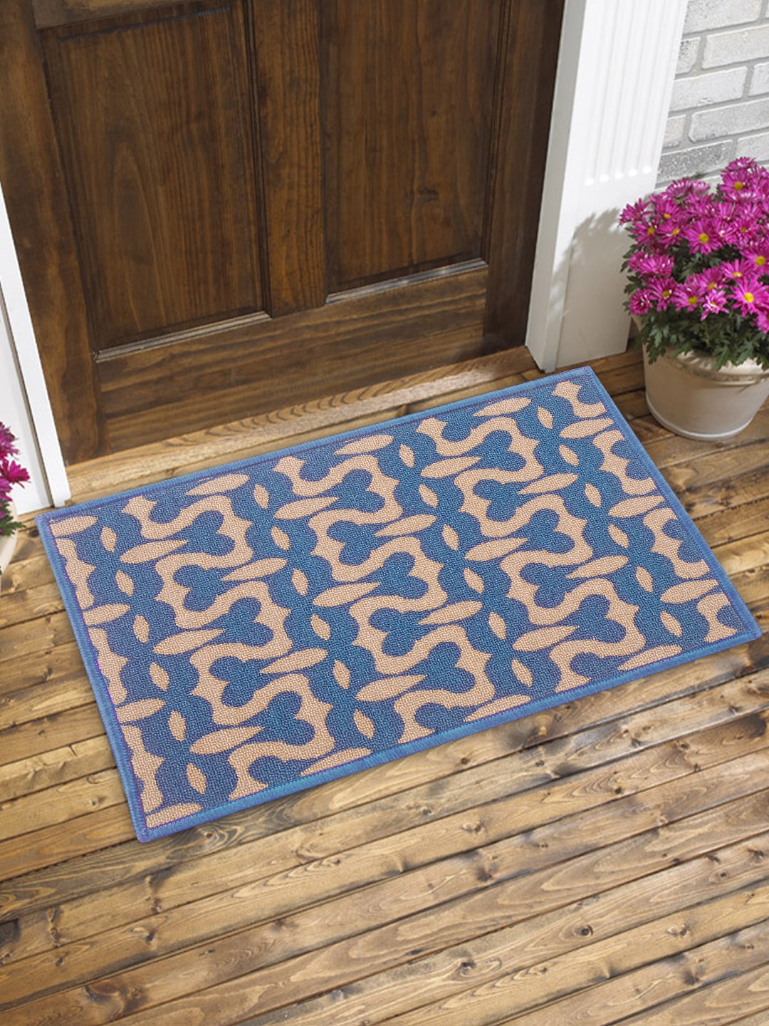 BIANCA Set of 3 Patterned Anti-Skid Doormats, Blue