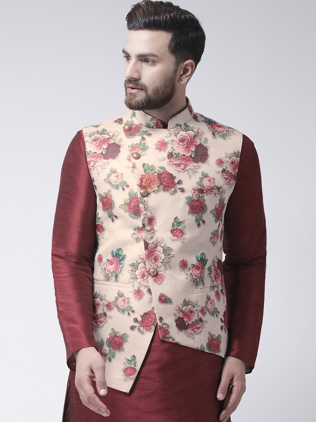 

I Know Men Beige Floral Printed Nehru Jacket