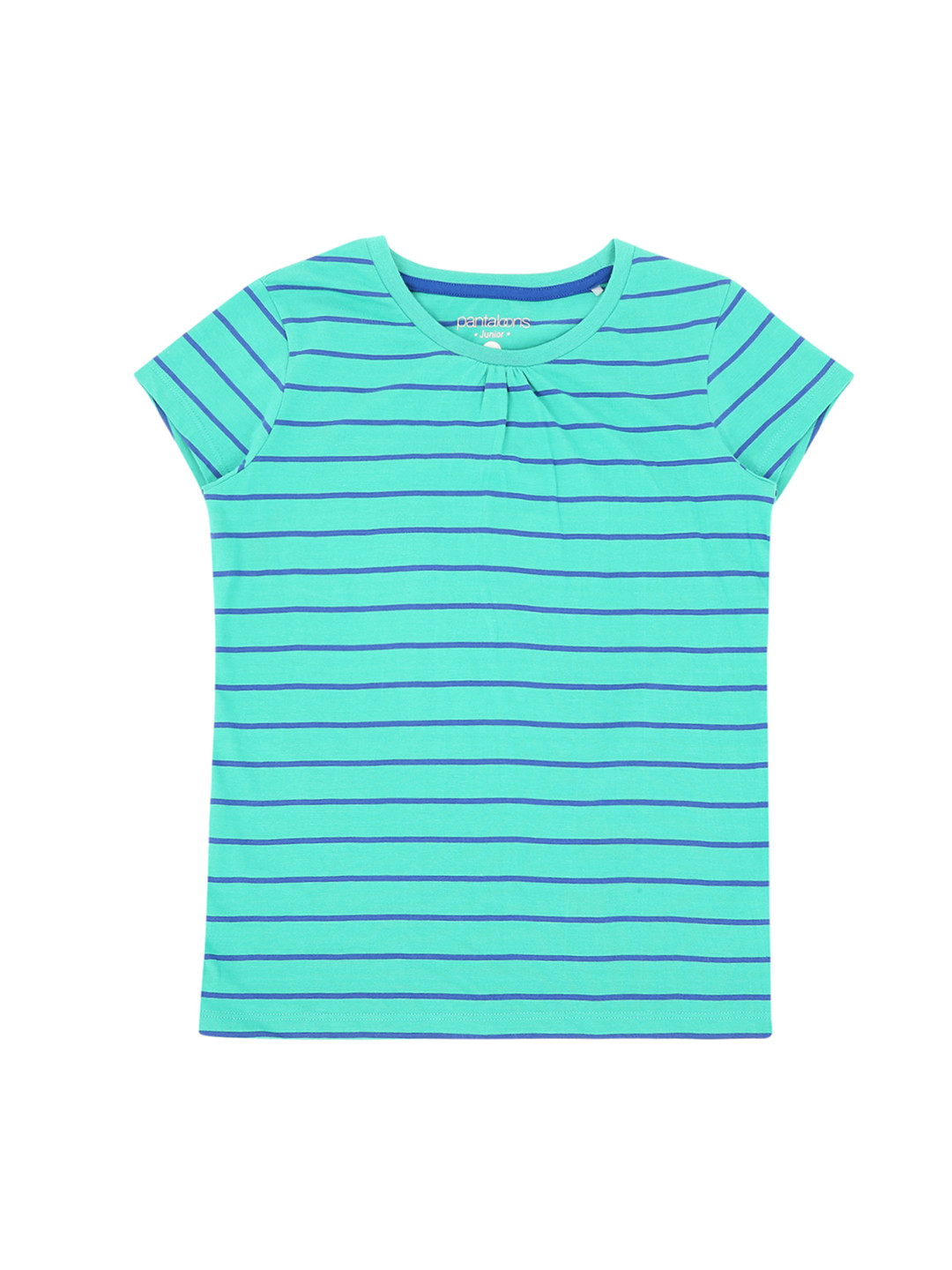 

Pantaloons Junior Girls Green Striped Round Neck Pure Cotton T-shirt