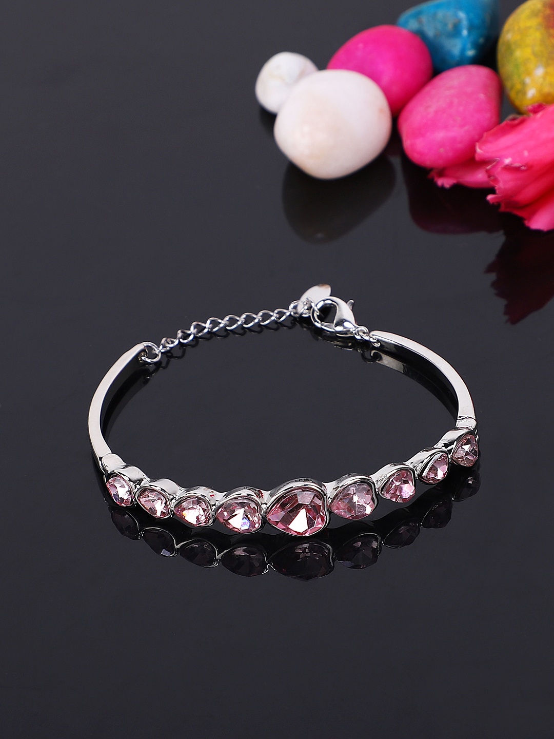 

Shining Diva Fashion Women Silver-Plated Pink Crystal-Studded Antique Charm Bracelet