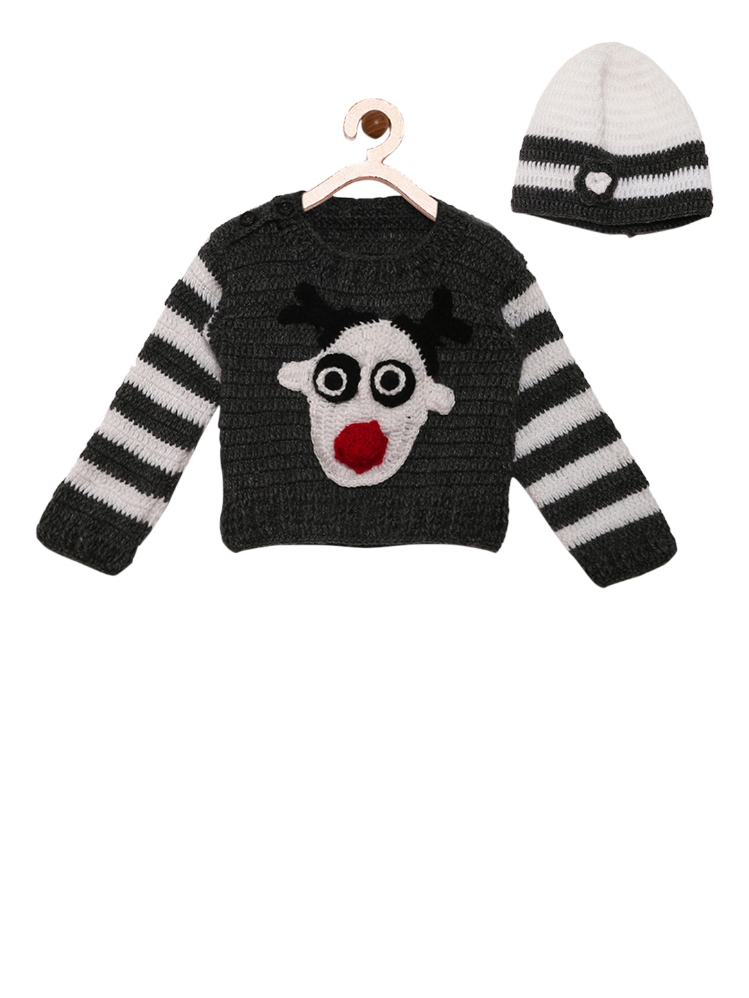 

CHUTPUT Kids Grey & Off-White Striped Woollen Sweater With A Cap