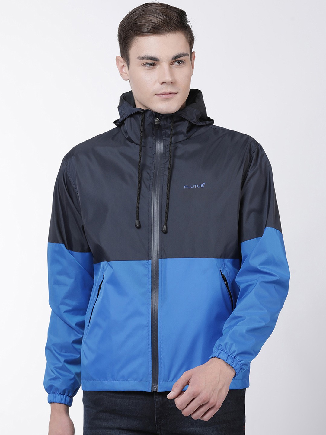 

Plutus Men Blue Solid Rapid Dry Tailored Windcheater Jacket