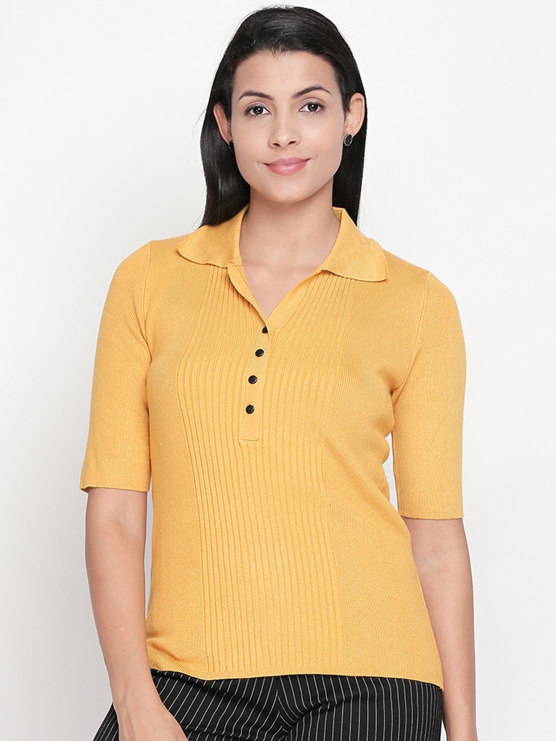 

Annabelle by Pantaloons Women Mustard Yellow Self Design Sweater