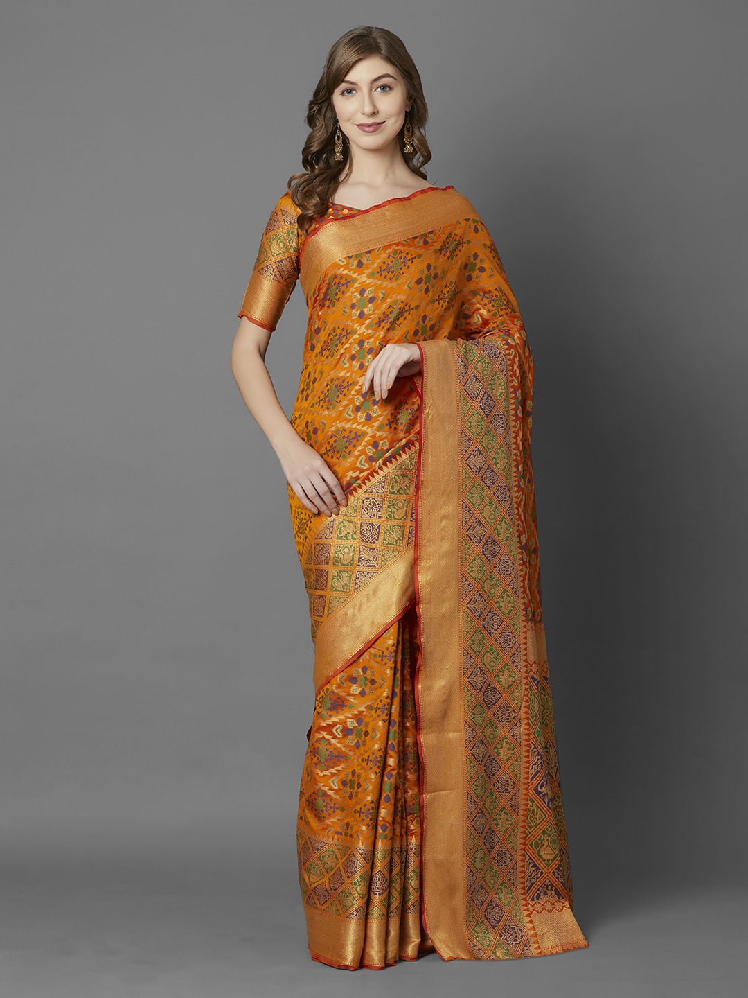 

Mitera Women Mustard Yellow & Orange Silk Blend Woven Design Banarasi Saree