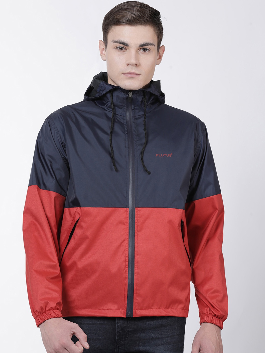 

Plutus Men Navy Blue Colourblocked Windcheater Tailored Jacket