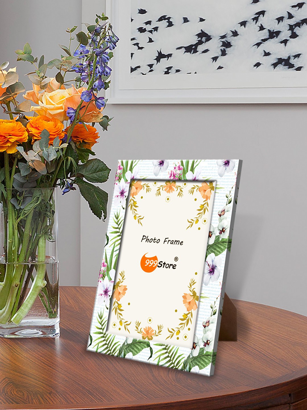 999Store White & Purple Floral Printed Table-Top Photo Frame