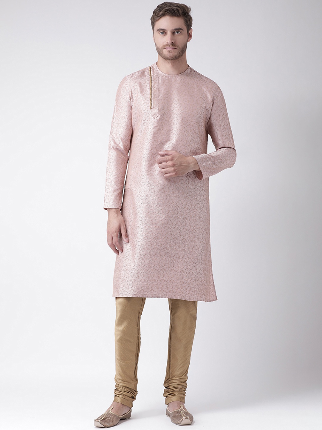 

DEYANN Men Pink & Brown Self Design Kurta with Churidar