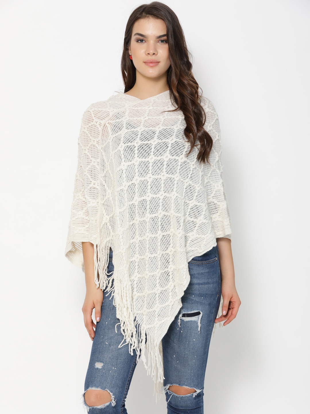 Gipsy Women Cream-Coloured Checked Poncho