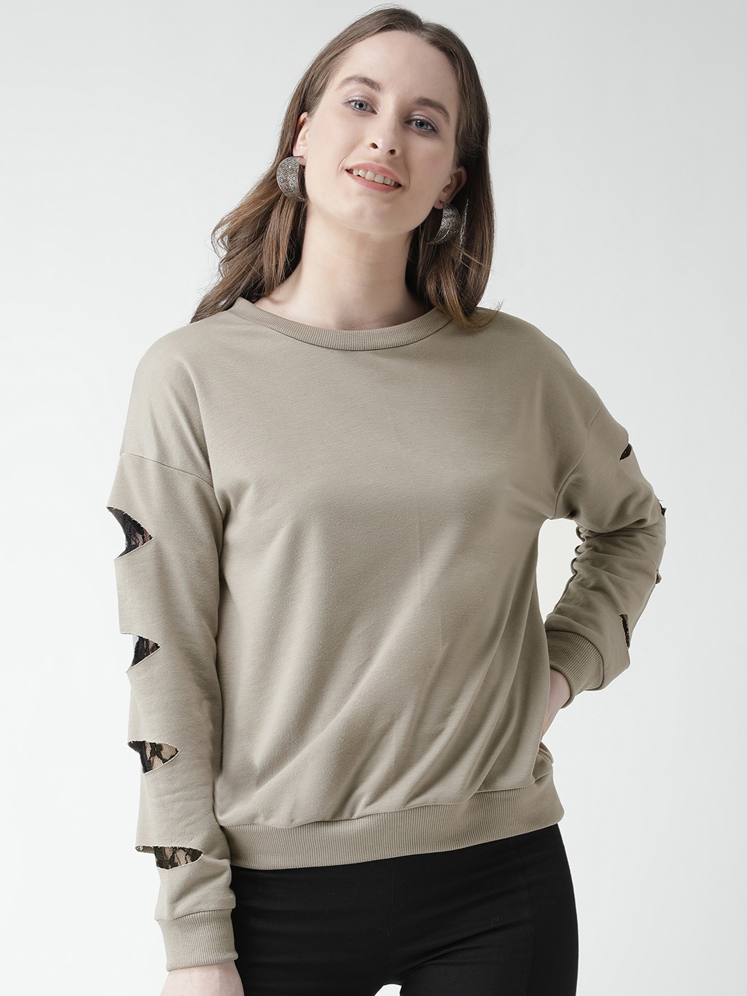 

KASSUALLY Women Grey Solid Lace Insert Sweatshirt