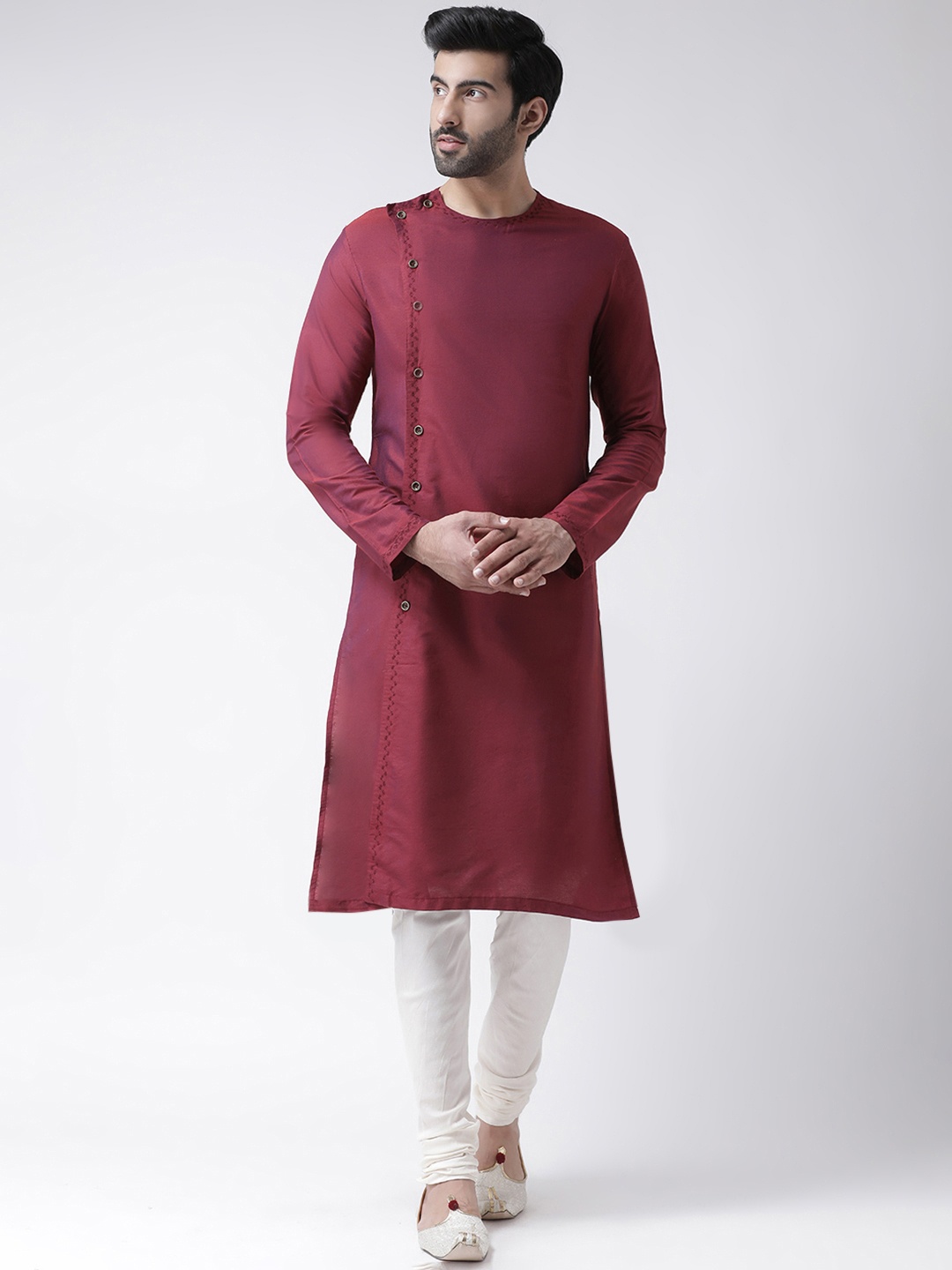 KISAH Men Burgundy & White Embroidered Kurta with Churidar