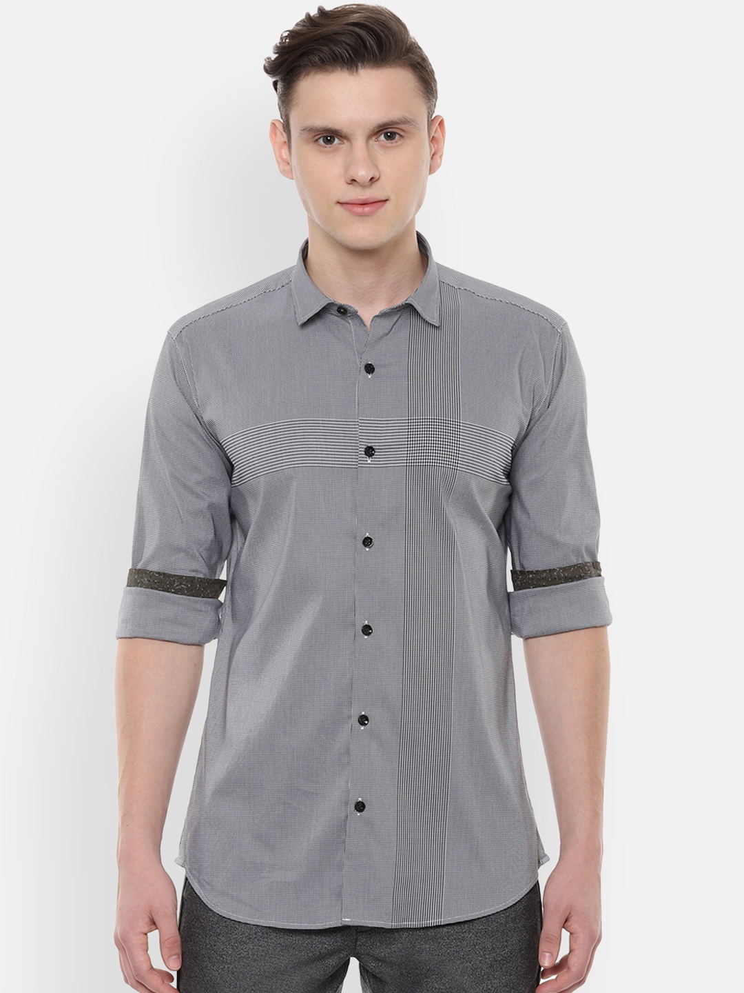 

V Dot Men Grey & Black Skinny Fit Self Design Casual Shirt
