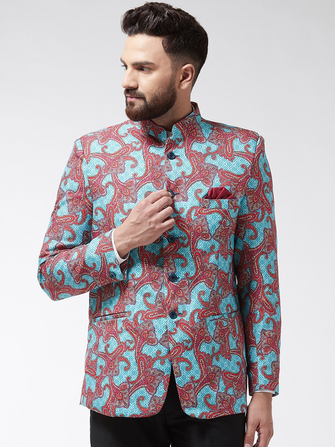 

SOJANYA Men Sea Green & Maroon Printed Bandhgala Blazer