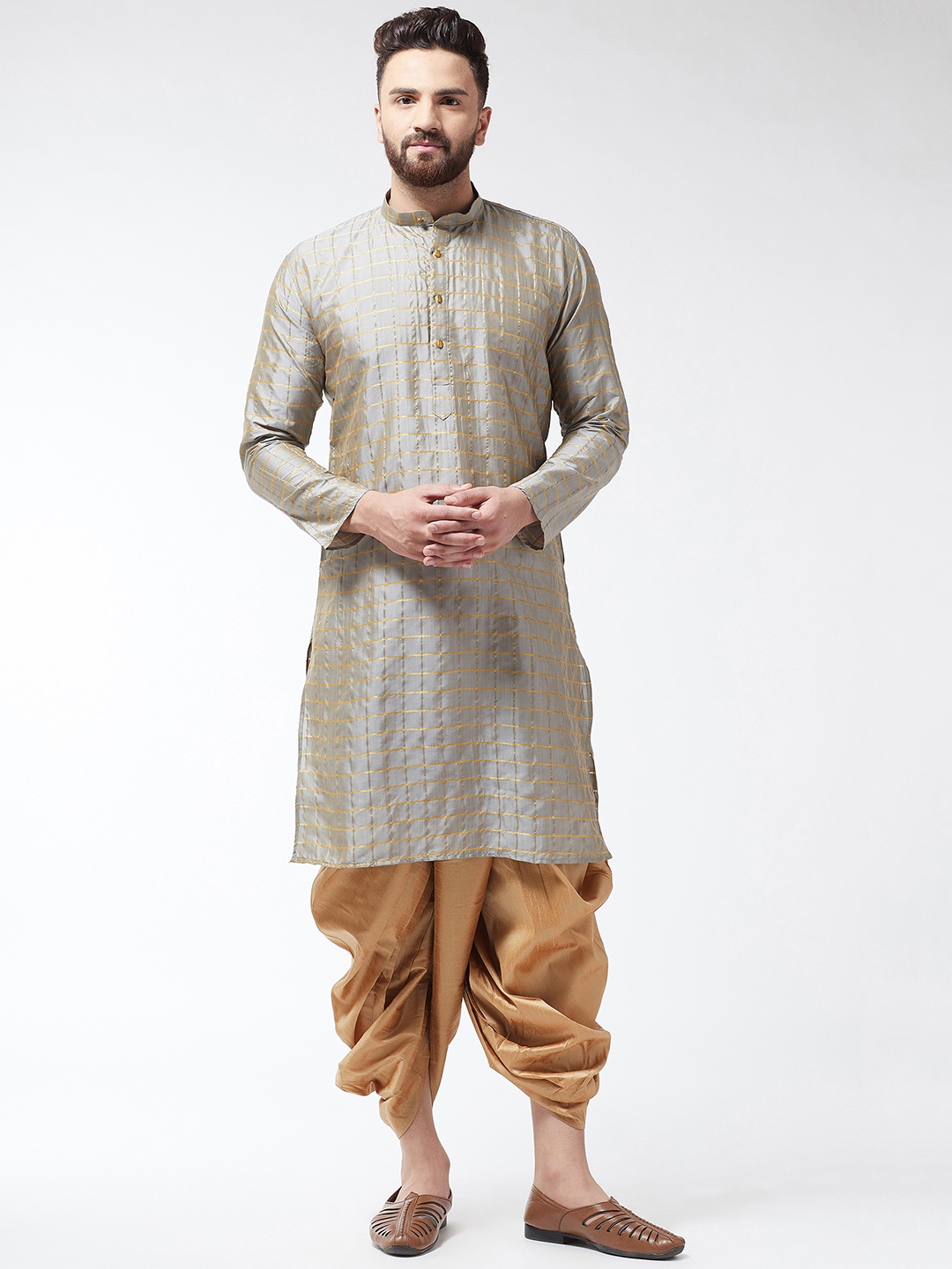 

SOJANYA Men Grey & Gold-Toned Self Design Kurta with Dhoti Pants