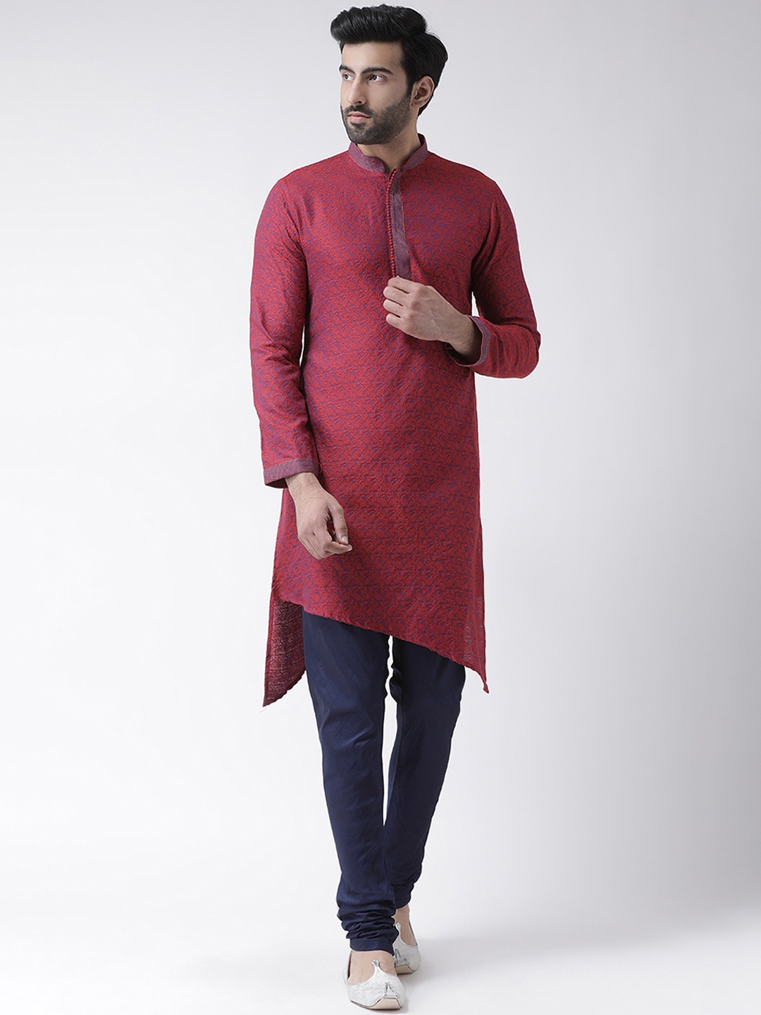 

KISAH Men Red & Purple Jaquard Embroidered Kurta with Churidar