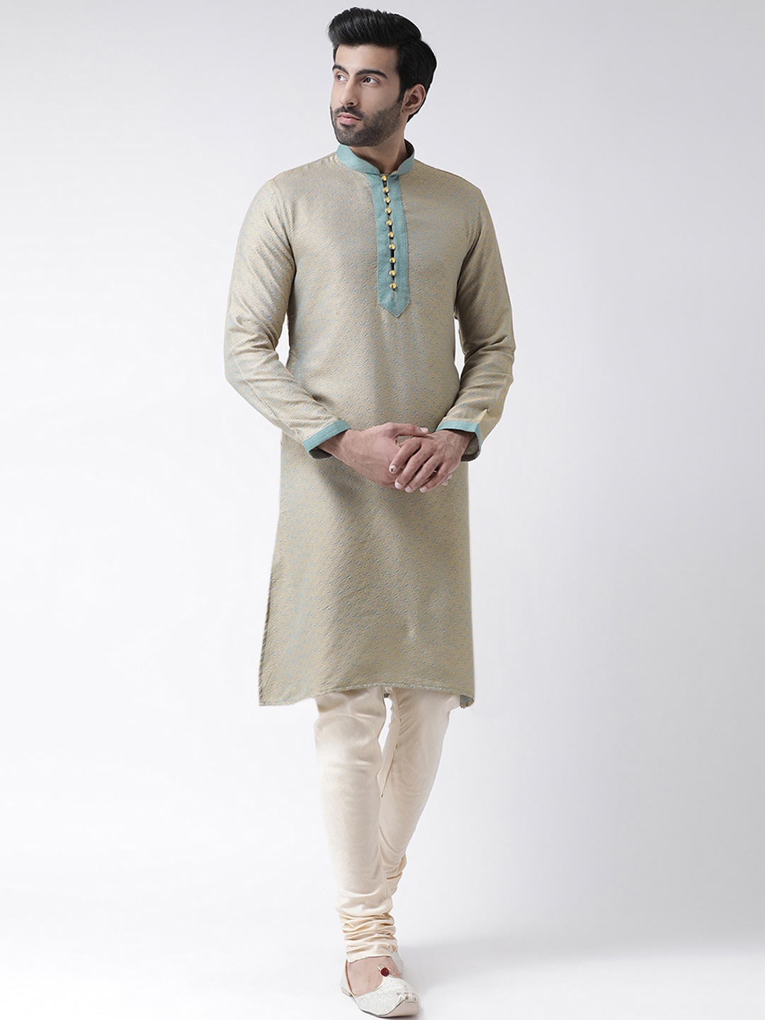 

KISAH Men Green & Beige Jaquard Embroidered Kurta with Churidar